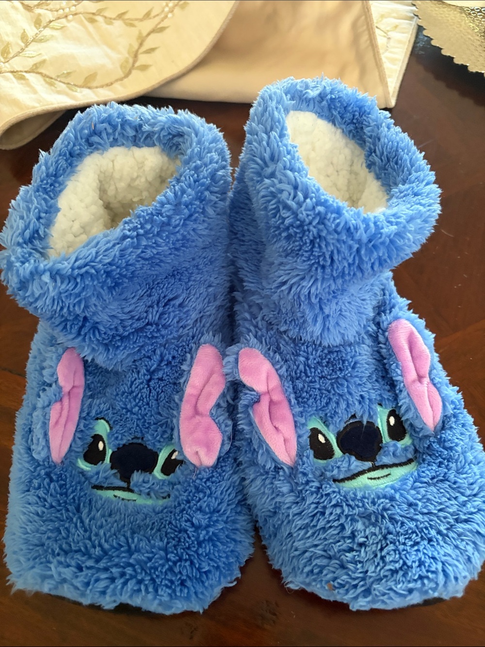 Disney Blue Stitch Plush Kids Slipper Booties with Pink Ear Accents